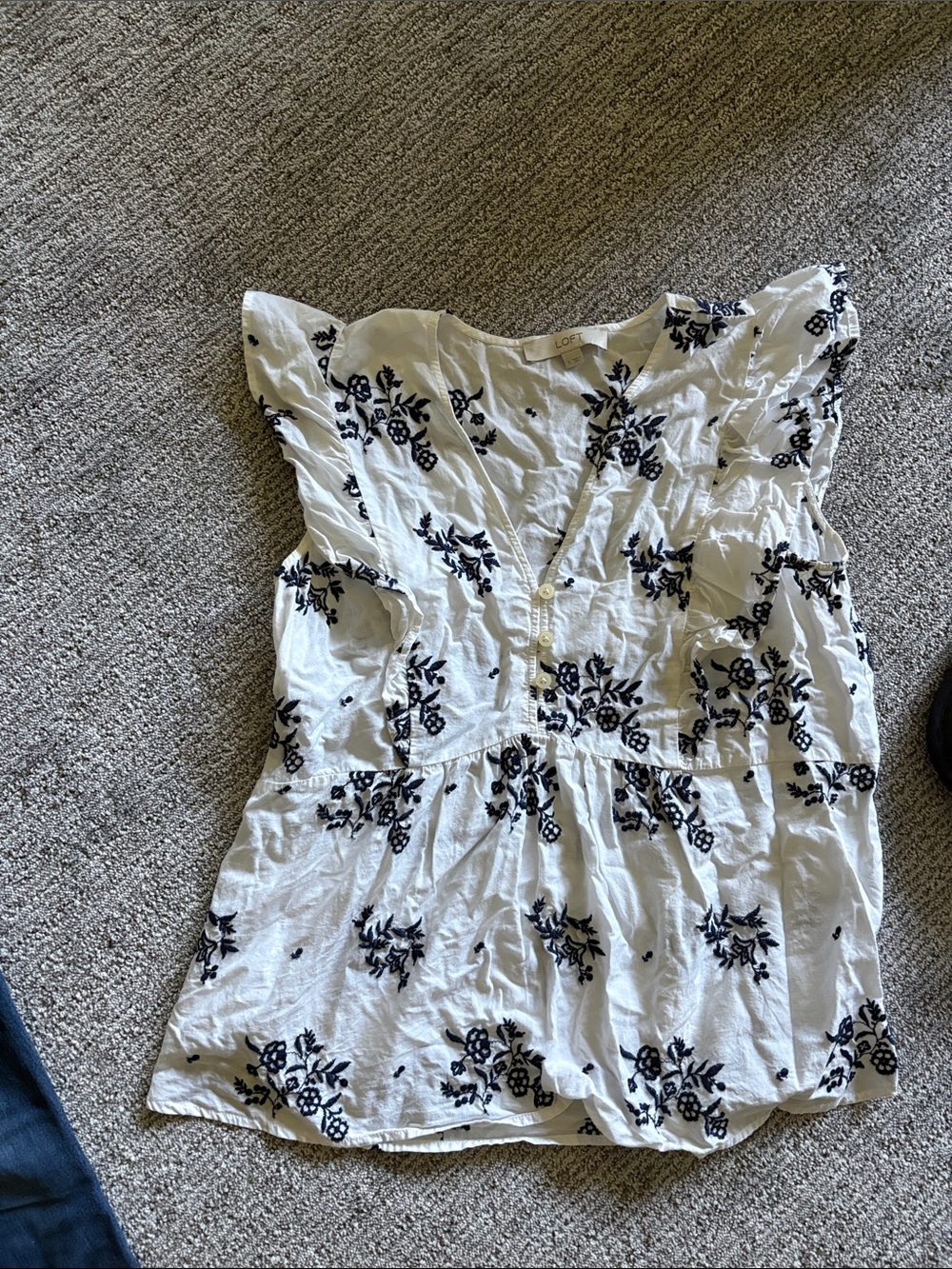 LOFT White Top with Navy Floral Print and Flutter Sleeves